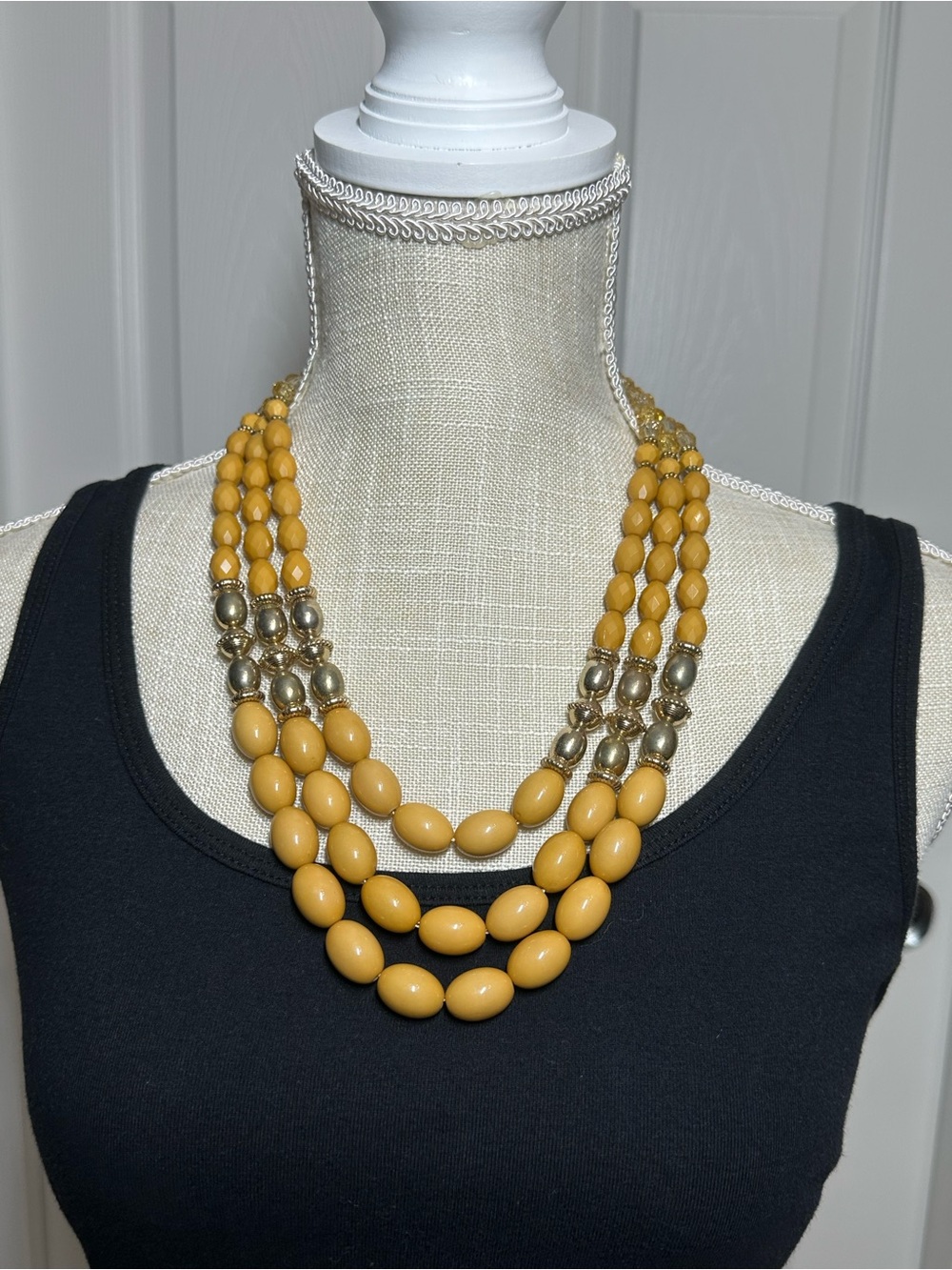 Vintage Multi-Strand Yellow Bicone Beads Crystals Gold Tone Necklace Unbranded
